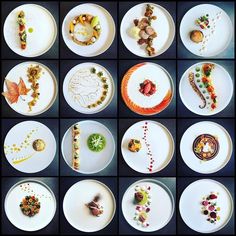 twelve plates with different types of food on them, all arranged in the same pattern