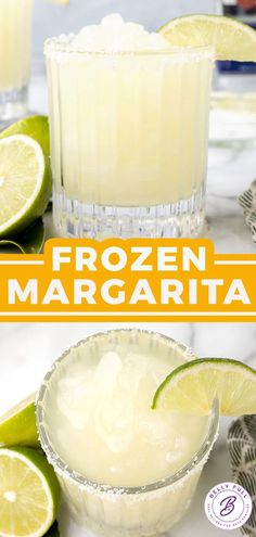 two glasses filled with frozen margaritas and lime slices on the rim next to each other