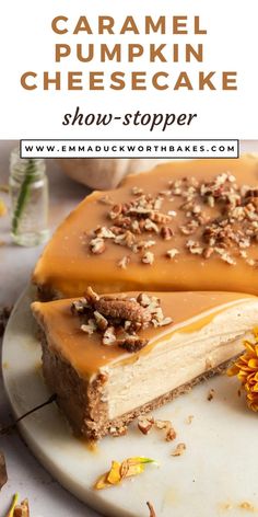 caramel pumpkin cheesecake on a white plate with a piece cut out to show the filling