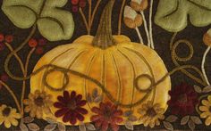 a painting of a pumpkin with flowers and leaves on the bottom, in front of a brown background