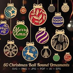 christmas balls and ornaments are hanging from strings