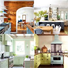 several pictures of kitchen and dining rooms with wood paneling on the walls, cabinets in different colors