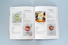 an open cookbook with pictures of desserts and drinks on it's pages