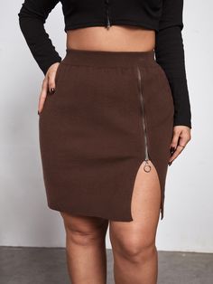 Plus Zipper Detail Split Hem Knit Skirt Chocolate Brown Casual   Fabric Plain  Slight Stretch Spring/Summer/Fall Women Plus Clothing, size features are:Bust: ,Length: ,Sleeve Length: Plus Size Sweaters, Zipper Detail, Knit Skirt, Split Hem, Primavera Estate, Summer Fall, Sweater Skirt, Chocolate Brown, All Fashion