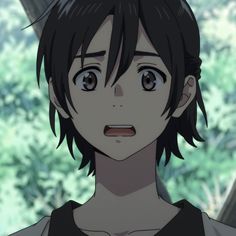 an anime character with black hair and brown eyes looks at the camera while standing in front of trees