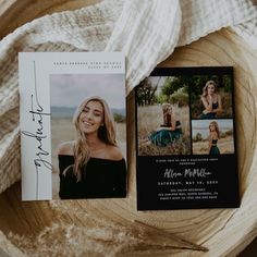 the graduation announcement card is laying on top of a piece of wood with an image of a woman