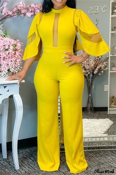 Olivia Mark - Yellow Patchwork See-Through Half Turtleneck Jumpsuit for Women with Regular Fit Style Salopette, Overalls Fashion, Mesh Jumpsuit, Flounce Sleeve, Trend Fashion, Yellow Fashion