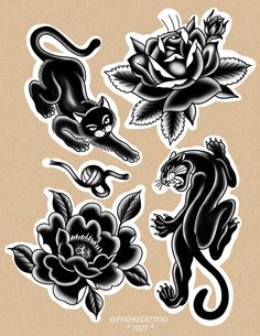 some black and white tattoos on a beige background with roses, lizards and other animals