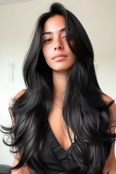 Layered Hair Cut Long Hair Women, Long Brown Hair With Layers Balayage, No Bangs Layered Hair, 90 Long Layers, Wavy Blowout Long Hair, Butterfly Haircut Long Black Hair, Long Black Hair With Face Framing Layers, Long Hair Hair Cuts Layers, Long Layers On Black Hair