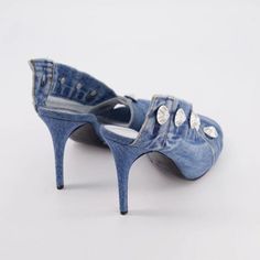 Denim Blue Heels With Round Toe, Denim Blue Denim Heels With Round Toe, Denim Blue Round Toe Heels, Denim Formal, Pocket Design Fashion, Denim Heels, Cut Clothes, Heeled Mules Sandals, Slingback Heel