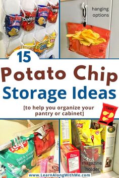 Get your pantry organized with one of these potato chip storage ideas.  15 ways to store chip bags to help tidy up your pantry or kitchen cabinet.

There are some ways to store chips on a pantry shelf, inside a cabinet and some hanging options to utilize vertical space.

#potatochipstorageideas  #pantryorganization  #pantryorganizationideas  #pantrystorage  #pantrystorageideas  #potatochipstorage Chip Pantry Storage, Hanging Chips In Pantry, Pantry Chips Organization, Pantry Organization Chip Bags, Storing Chip Bags In Pantry, Small Chip Bag Storage, Ways To Store Chips, Bread And Chip Storage Ideas, Pantry Snack Storage