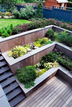 a very nice looking garden with some plants growing in the wall and steps leading up to it