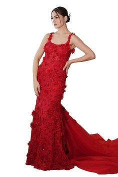 Red trail padded bodice gown with all over 3D hand embroidered florals and sequin, cutdana highlights. - Aza Fashions Trail Gown, Embroidery 3d, Gown For Women, 3d Hand, Christmas Fashion, Aza Fashion, Hand Embroidered, Hand Embroidery, Bodice