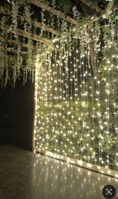 an indoor area with lights and plants hanging from the ceiling, in front of a window