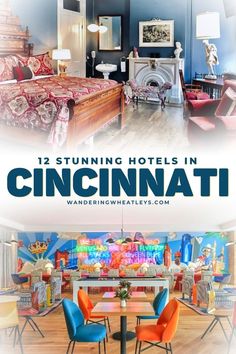 a hotel room with blue walls and orange chairs in front of the bed is an advertisement for sunwing hotels in cincinnati