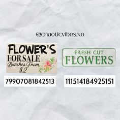 two flower's for sale stickers are on the side of a piece of paper