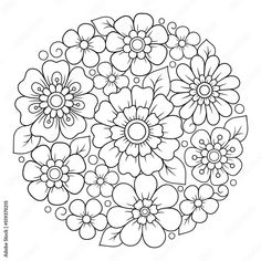 a coloring page with flowers in the center and leaves around it, on a white background