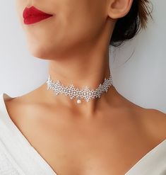 Lace pearl choker necklace - Radiate your beauty in this beautifully detailed Lace pearl choker necklace. Dress it up or dress it down its boho chic for any occasion. ------------------------------------♥ ♥♥ D E S C R I P T I O N ♥ ♥♥ --------------------------------------------------- ♥Choker Length : 15 inch ♥Width : 1 inch ♥Freshwater pearl ♥Crystal stones ♥Silver plated lobster clasp ♥ Includes a 2 inch ( 5 cm) extension chain for any adjustments ♥ The grunge boho choker is handmade ♥ Please