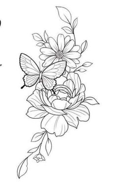 a black and white drawing of flowers with butterflies