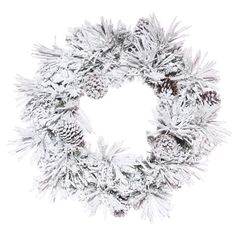 a white wreath with pine cones and snow flakes on it, isolated against a white background