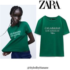 Zara Embroidered Text T-Shirt Green Calabasas Los Angeles Green Embroidered Text Short Sleeve T-shirt, Casual Embroidered T-shirt For Summer, Relaxed Fit Top With Embroidered Logo For Summer, Summer Tops With Relaxed Fit And Embroidered Logo, Green Relaxed Fit Top With Embroidered Logo, Relaxed Fit Green Top With Embroidered Logo, Embroidered Logo Tops For Summer, Casual Green Tops With Embroidered Logo, Green Cotton Top With Embroidered Logo