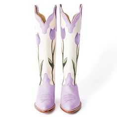 Step into style with these Light Purple Tulips Chunky Heel Knee High Cowboy Boots for Women. Combining elegance and edge, these boots are perfect for any fashion-forward individual. Color: Light Purple Heel Type: Chunky heel Heel height: 2" / 50 mm approx Product measurements were taken using size 8. Please note that measurements may vary by size. Toe: Pointed toe Handcrafted US sizing. Fits true to size. Purple Cowgirl Boots Wedding, Lavender Cowboy Boots, Cute Cowgirl Boots Cavender's, Light Purple Tulips, Fitted Western Purple Boots, Fitted Purple Western Boots, High Cowboy Boots, Knee High Cowboy Boots, Cowboy Boots For Women