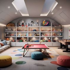 a living room filled with furniture and a ping pong table in front of a bookshelf