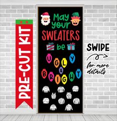 two christmas door hangers next to each other on a brick wall, with the words'may your sweaters be swipe'written below them