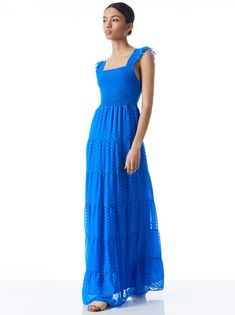 Kizzie Smocked Flutter Sleeve Maxi Dress In Palace Blue | Alice And Olivia Blue Maxi Dress With Smocked Back, Blue Maxi Smocked Dress, Blue Fitted Smocked Maxi Dress, Blue Flowy Maxi Dress With Smocked Bodice, Flowy Floor-length Maxi Dress With Smocked Bodice, Alice And Olivia, Leather Dresses, Leather Blazer, Maxi Dress With Sleeves