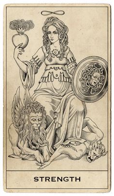 a black and white drawing of a woman holding a shield with two lions on it