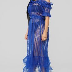 Royal Mesh Embroidered Maxi Dress Off Shoulder Short Sleeve Sheer Tiered Tulle Bottom Stretch 100% Polyester Summer Off-shoulder Lace Midi Dress, Summer Lace Off-shoulder Midi Dress, Blue Sheer Midi Dress For Party, Blue Sheer Dress For Spring, Blue Sleeveless Mesh Dress For Spring, Chic Blue Mesh Dress For Spring, Spring Off-shoulder Sheer Dress, Chic Off-shoulder Mesh Dress For Summer, Chic Off-shoulder Mesh Summer Dress