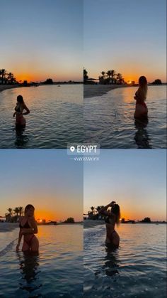 the woman is standing in the water at sunset