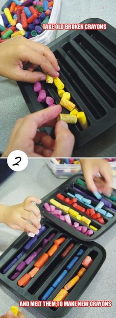 two pictures of children playing with crayons and making them look like they are doing something