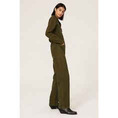 Green cotton (100% Cotton). Jumpsuit. Collared neckline. Long sleeves. Front button closure. 59.5" from shoulder to hemline. 40" inseam. Imported. Cotton Long Sleeve Relaxed Fit Jumpsuits And Rompers, Cotton Long Sleeve Relaxed Fit Jumpsuit, Chic Cotton Jumpsuits For Work, Chic Cotton Jumpsuits And Rompers For Work, Cotton Long Sleeve Jumpsuit With Button Closure, Long Sleeve Cotton Jumpsuit With Button Closure, Fall Button Closure Overall Jumpsuits, Fitted Long Sleeve Cotton Jumpsuits And Rompers, Cotton Button-up Jumpsuits And Rompers With Relaxed Fit