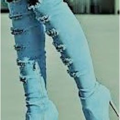 These Fashionable Denim Over The Knee Heeled Boots Are Gorgeous. These Denim Boots Are A Light Color Boot With Also A Little Dark Blue Mixed In. The Boots Have A Zipper On The Side Of The Boot For An Easy And Comfortable Fit. The Heel On This Boot Is A High Heel, Which Brings Such Elegance. The Boots Have A Hole Design, Which Brings Out The Bold In You. The Toe Area On The Boot Is Pointed. These Boots Will Not Be Around For Long. Denim Boots, Boot Brands, Over The Knee, The Knee, Shoes Women Heels, High Heel, Heeled Boots, Dark Blue, Shoes Heels