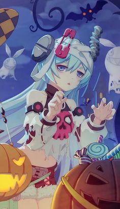 an anime character with white hair and blue eyes holding a pumpkin in front of her face