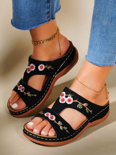 Floral Embroidery Wedge Sandals Slippers With Arch Support, Orthopedic Sandals, Open Toe Slippers, Sandal Platform, Platform Wedge Sandals, Slides Shoes, Comfortable Sandals, Embroidered Flowers