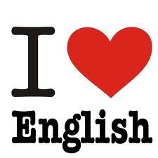 the words i love english are written in black and white with a red heart on top