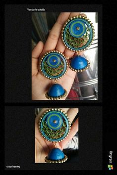 two pictures showing different designs on the front and back of an earring that is being held