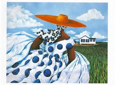 a painting of a woman in a dress and hat walking through a field with a house behind her