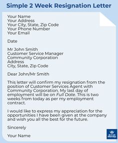 a blue and white business letterhead with the words, simple 2 week resignation letter