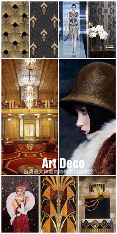 art deco collage with images of women in hats and furs, including an elaborate chandelier