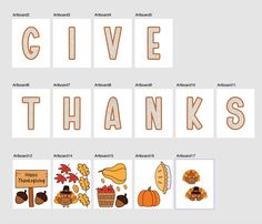 the words give thanks are arranged in different font styles and colors to spell out thanksgiving's