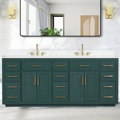 a bathroom vanity with two sinks and a large mirror above it, in front of a white wall