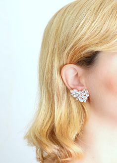 Bridal Earrings Clear Crystal Bridal Earrings Bridal Cluster | Etsy Elegant Wedding Ear Climbers, Wedding Wrap Earrings, Elegant Pierced Wrap Earrings For Wedding, White Single Ear Climber For Wedding, Pierced Ear Climbers For Wedding, Silver Drop Earrings For Wedding, Summer Wedding Jewelry, Rose Gold Stud Earrings, Climbing Earrings