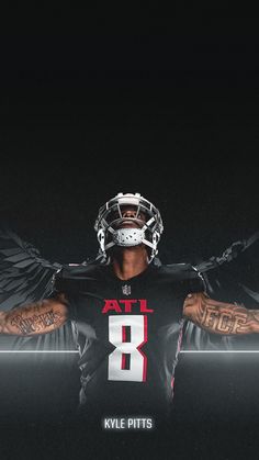 a football player with his arms wrapped around him and wings on the back of his head