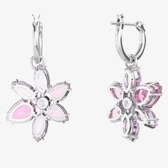 These earrings are delicately crafted from base metal with rhodium plating. These unique hoop earrings feature pink and purple Swarovski crystals arranged into a flower pendant composed of six faceted petals arranged around a centre stone, suspended on a Swarovski stone-set hoop that fastens with a hinged fastener. Length: 3.1cm Width: 1.7cm Weight (individual piece): 1.9 g Item Code: 5658397 Unique Hoop Earrings, Swarovski Stones, Pierced Jewelry, Accessories Set, Purple Stones, Swarovski Earrings, Swarovski Jewelry, Crystal Flower, Crystal Drop