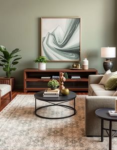 Sage Green and Brown Living Room Sage Green And Tan Living Room, Green And Brown Living Room, Sage Green Living Room Ideas, Sage Green And Grey, Room Ideas Color, Sage Green And Brown, Green Living Rooms, Grey And Brown Living Room