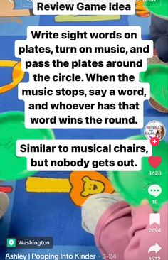 a child's hand is holding up a piece of paper with the words, review game idea write sight words and place the plates around the circle