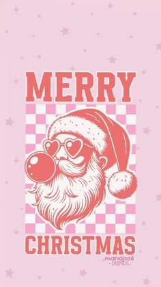 a pink christmas card with santa claus on it's face and the words merry